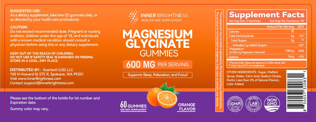 Magnesium Glycinate Gummies 600mg, Non-GMO, Gluten-Free, Magnesium Gummies for Adults & Kids, Sleep, Relaxation & Focus, Orange Flavor, 60 Count