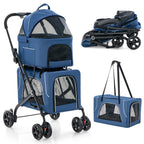 HAPPAWS Pet Stroller with Detachable Carriers, Adjustable Cat Stroller for Small & Medium Pets, 4-in-1 Cat Carriers with Safety Belt and Lockable Wheels, Navy Blue