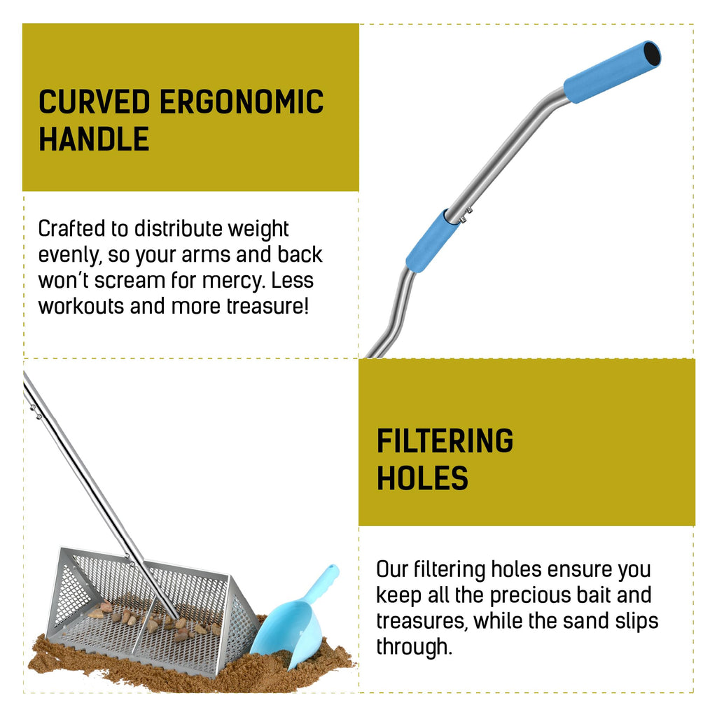 LOSTRONAUT Sand Flea Rake Pro, 52" Heavy Duty Beach Rake with Large 16" Basket, Sand Crab Catcher with Non-Slip Comfy Ergonomic Handle for Collecting Fleas, Shark Teeth, and Seashells - Beach Sifter