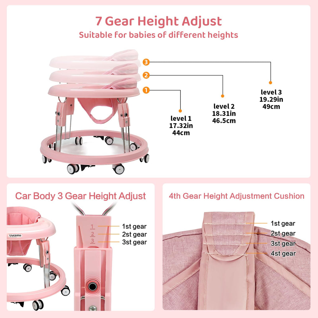Baby Walker with Wheels, One-Touch Folding Baby Walkers, 7-Speed Height Adjustment with Large Dinner Plate, Anti-Roll 8-Wheel with Brake for 6-18 Months Baby, Full Pink