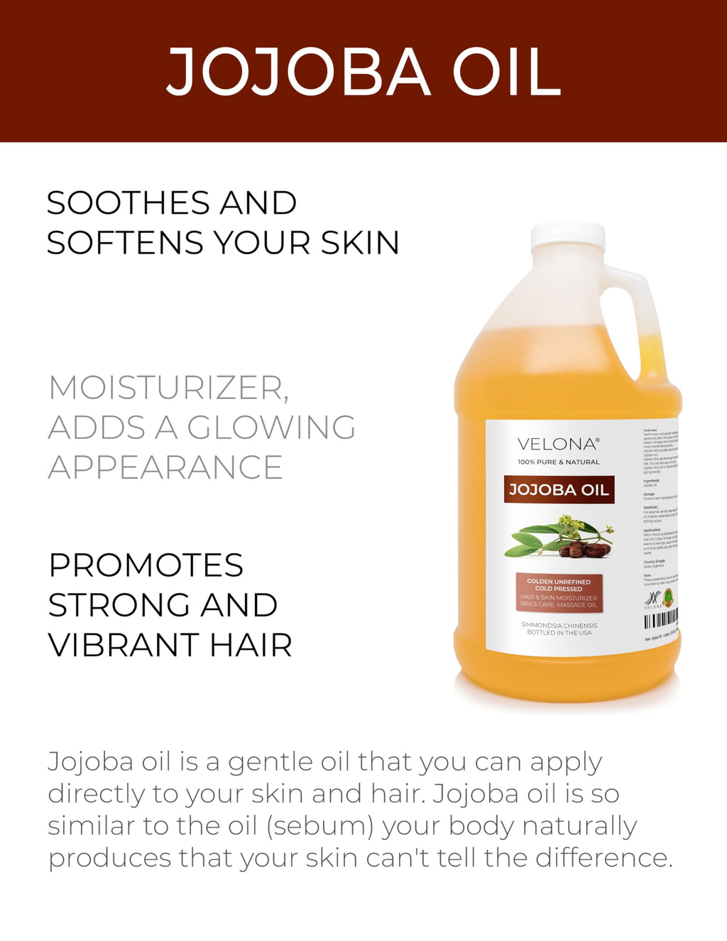 velona Jojoba Oil - 64 oz | 100% Pure and Natural | Golden, Unrefined, Cold Pressed, Hexane Free | Moisturizing Face, Hair, Body, Skin Care, Stretch Marks, Cuticles