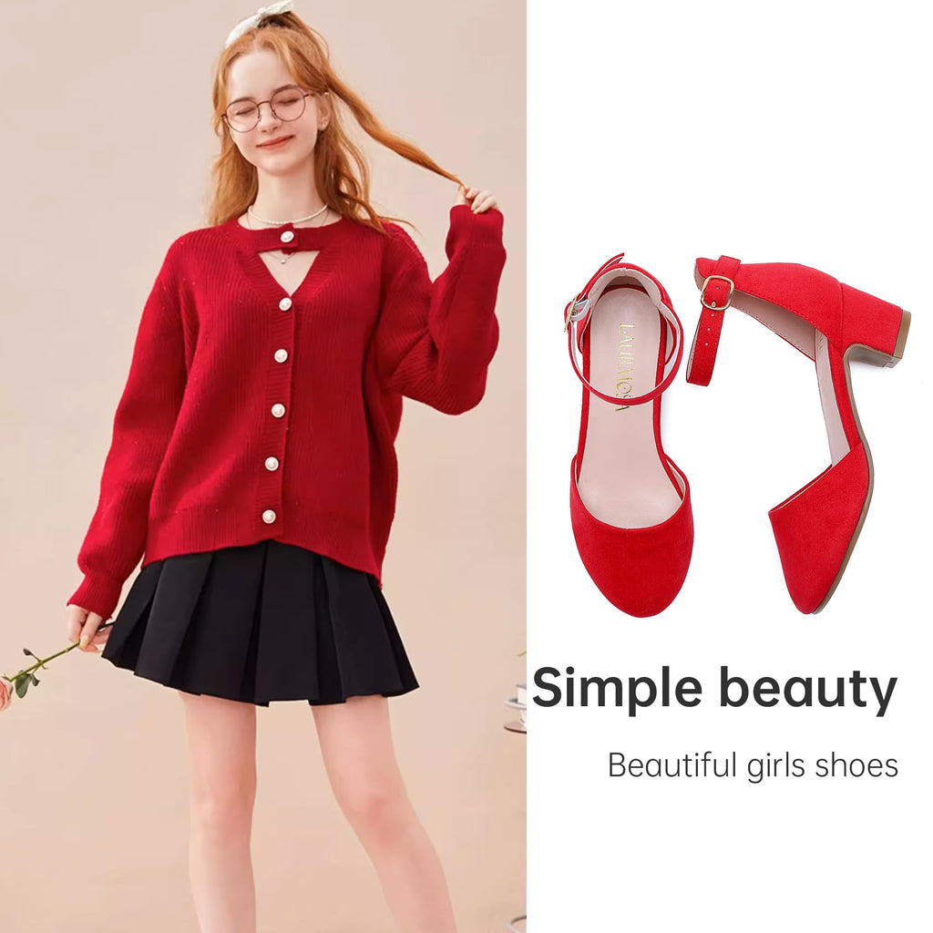 LAURMOSA Heels for Girls Closed Toe Red Dress Shoes Low Heel Block Pumps Platform Shoes Dorothy Halloween Christmas Party High Heel Chunky Wedding for Toddler Little Big Kids(L1012Red 4)