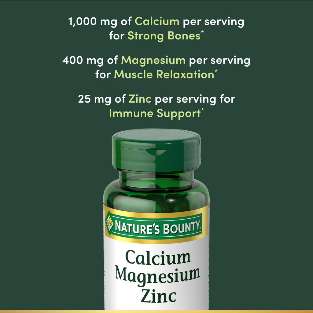 Nature's Bounty Calcium Magnesium & Zinc Caplets, Immune & Bone Health, Daily Supplement, 1000mg Calcium, 400mg Magnesium, 600 IU Vitamin D, Gluten Free, 100 Caplets