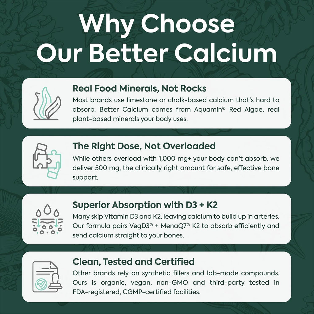 Organics Ocean Better Calcium - Organic Red Algae Calcium with Vitamin D3 and K2 Supplements - Supports Bone Structure, Joint Comfort & Encourages Healthy Aging - Plant-Based, Non-GMO - 1 Pack