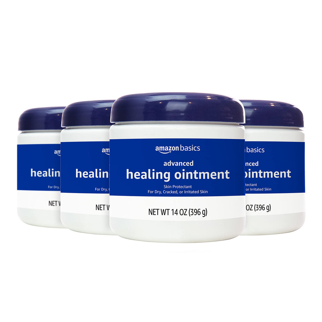 Amazon Basics Healing Ointment & Skin Protectant for Dry & Cracked Skin, Chapped Lips, Minor Cuts and Scrapes, Lip Repair Moisturizer, Fragrance Free, 14 oz, 4-Pack