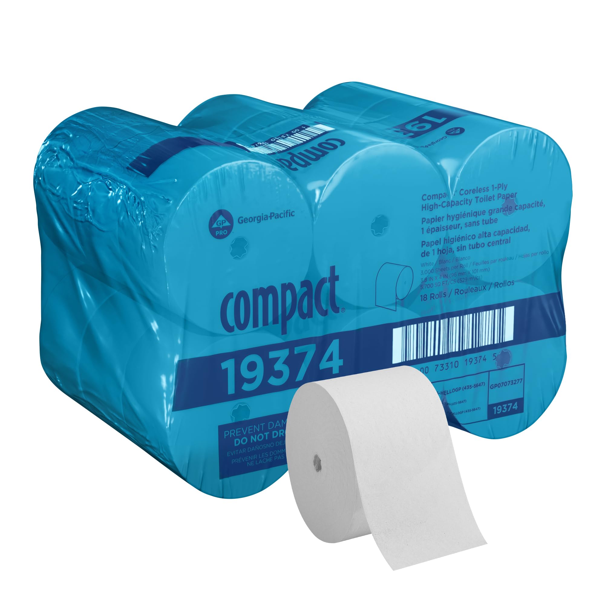 Compact Coreless 1-Ply Recycled Toilet Paper by GP PRO (Georgia-Pacific), 19374, 3,000 Sheets Per Roll, 18 Rolls Per Case