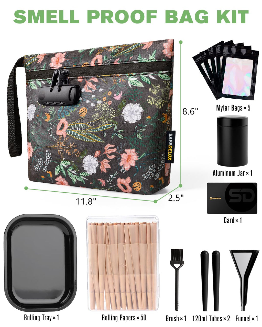 SafeDelux Smell Proof Bag, Odor Proof Bag with Combination Lock, Durable Smell Proof Container with Carbon Lining, Secure Odorless Travel Pouch for Home & On-the-Go (Green Combo)
