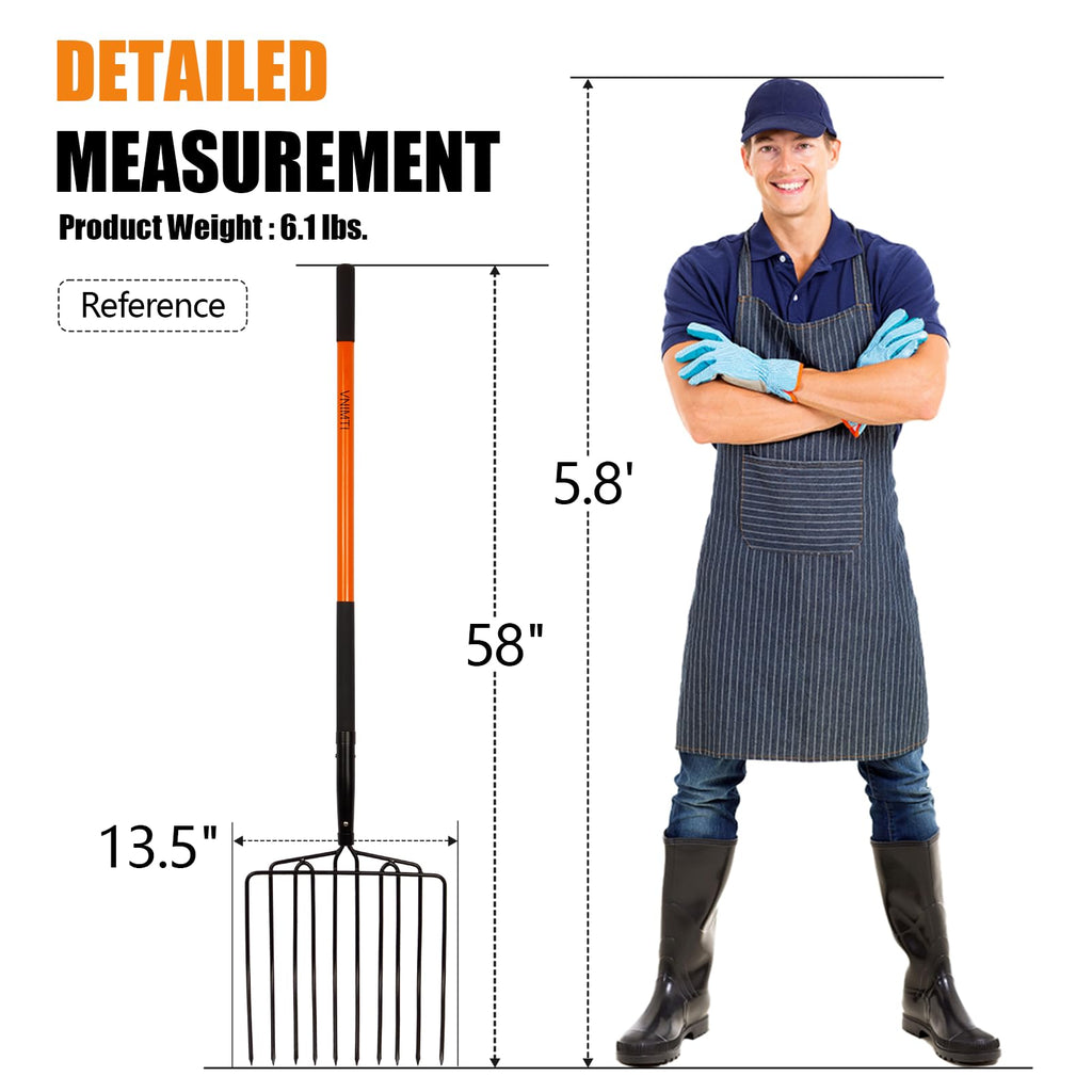 VNIMTI Pitch Fork Heavy Duty, 10-Tine Pitchfork with Fiberglass Handle, 58 Inch Garden Pitch Fork for Hay, Mulch, Compost, Farm and Gardening