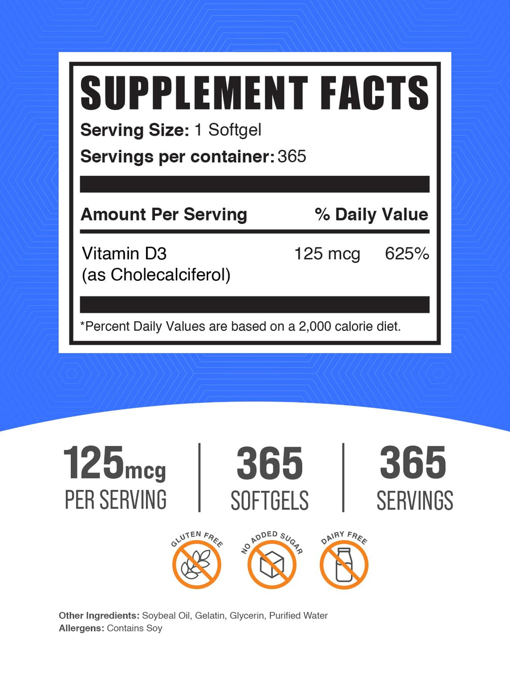 BulkSupplements.com Vitamin D3 5000IU Softgels - Cholecalciferol, D3 Supplement, Vitamin D 5000 IU - 1 Vitamin D3 Softgel (125mcg of Vitamin D) per Serving, 365 Count (Pack of 1)