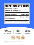 BulkSupplements.com Vitamin D3 5000IU Softgels - Cholecalciferol, D3 Supplement, Vitamin D 5000 IU - 1 Vitamin D3 Softgel (125mcg of Vitamin D) per Serving, 365 Count (Pack of 1)