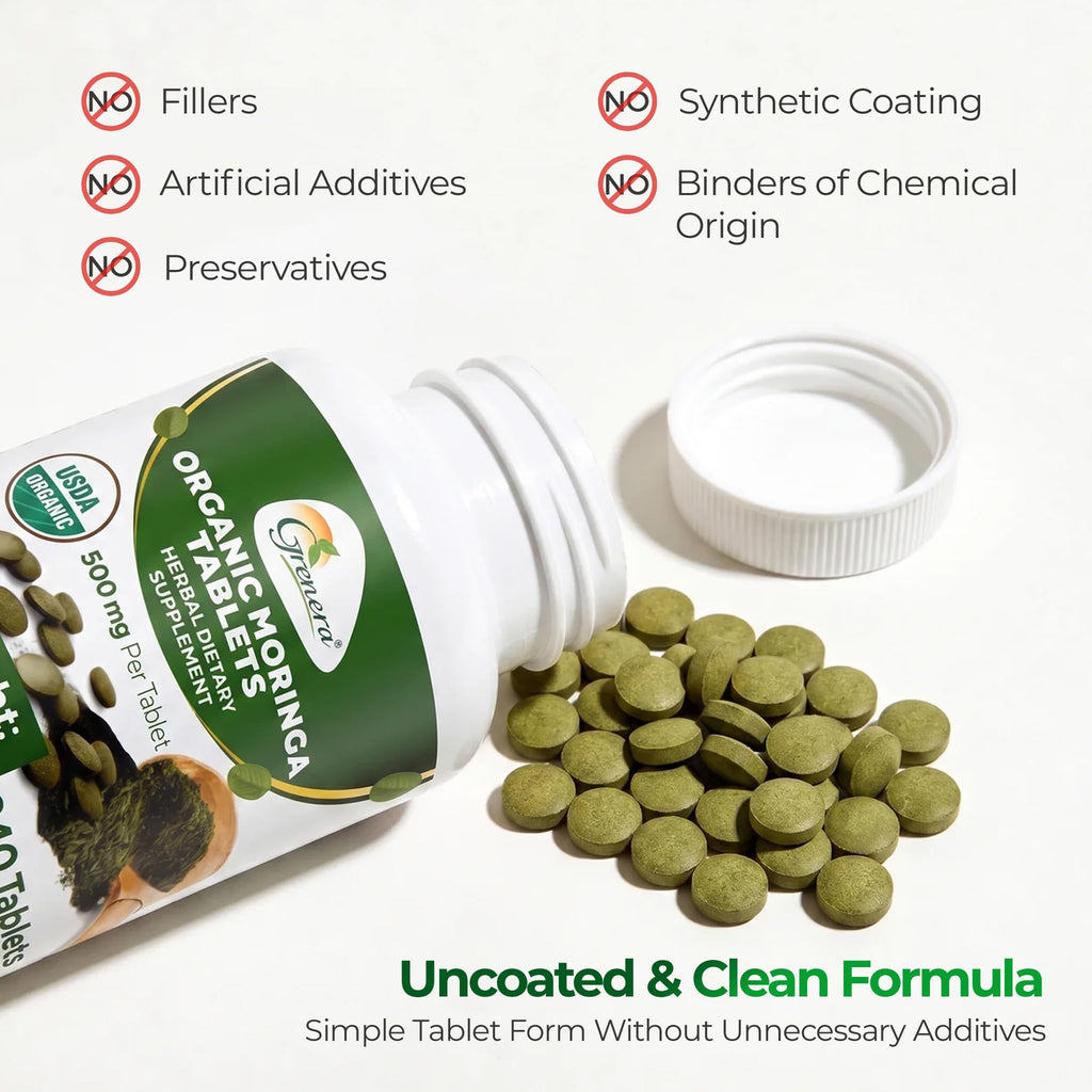 Grenera Organic Moringa Tablets | USDA Organic, 500mg Per Tablet | Uncoated Herbal Supplement, Single Ingredient Moringa Leaf Powder | Lab Tested Quality, Vegan & Kosher Certified | 240 Count