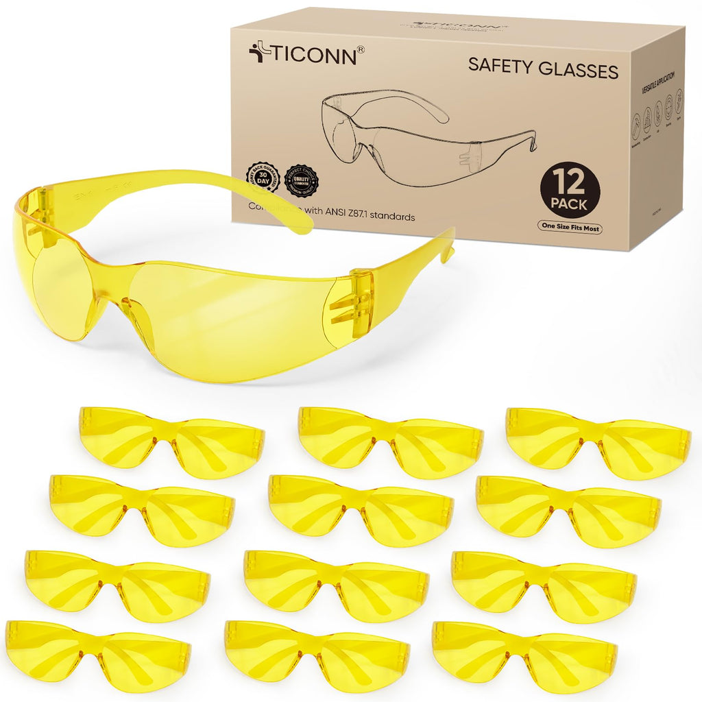 TICONN 12 Clear Safety Glasses for Men and Women, Safety Goggles with Scratch Impact Resistant Meets ANSI Z87.1 Standard (Yellow, 12 Pack)