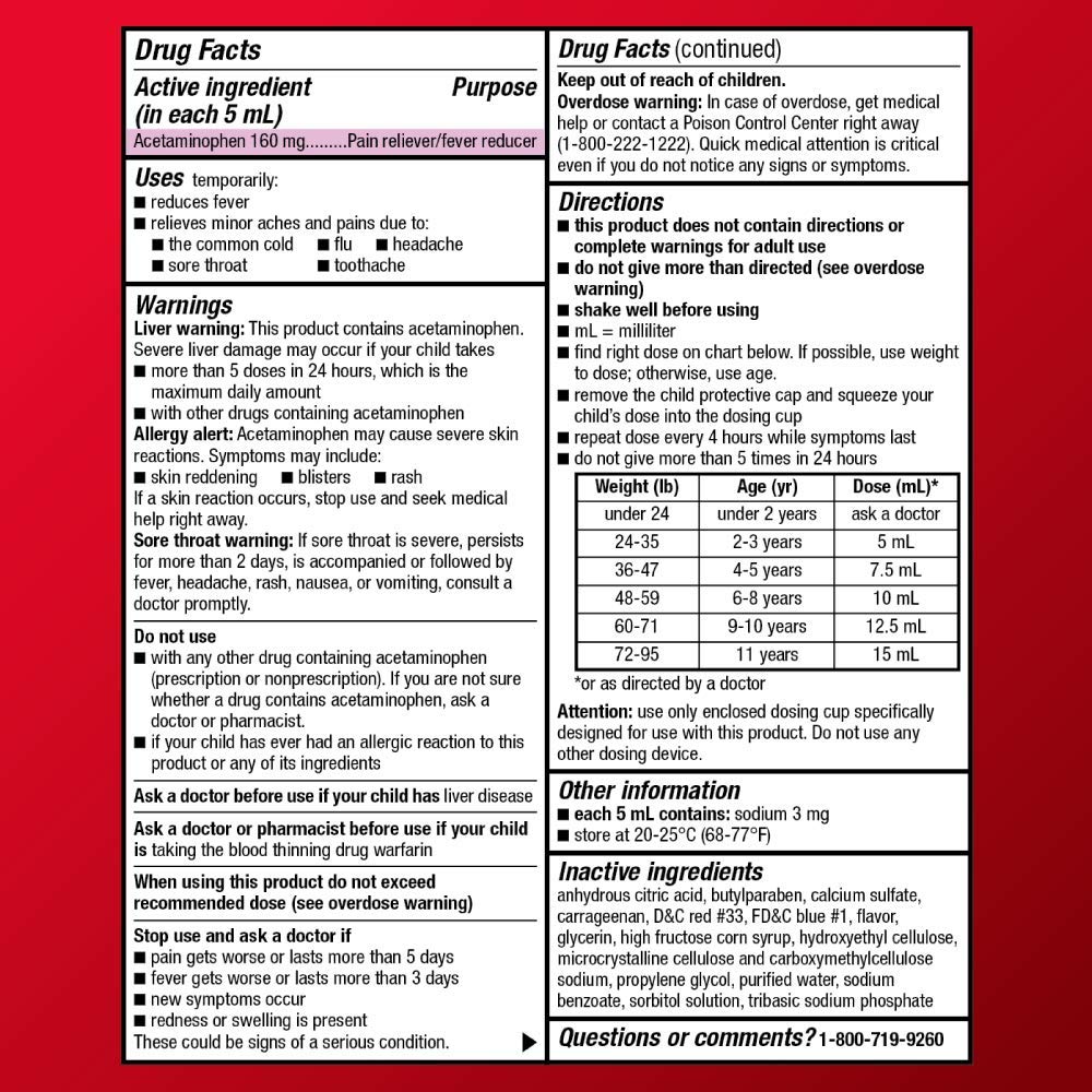Amazon Basic Care Children's Acetaminophen 160 mg per 5 mL Oral Suspension, Grape Flavor, Pain Reliever and Fever Reducer for Headache, Sore Throat and Toothache, 4 fl oz (Pack of 2)