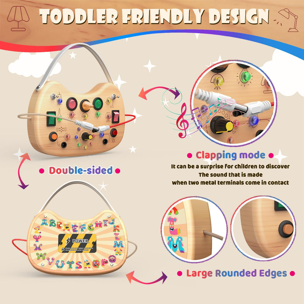 UdoUto Montessori Wooden Busy Board for Toddlers with LED Lights & Switches