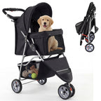 Giantex 3 Wheel Foldable Dog Stroller for Small Dogs Cats, Lightweight Pet Stroller with Lockable Wheels, One-Hand Quick Fold, Mesh Windows, Safety Leash & Storage Basket, Pet Travel Stroller (Black)