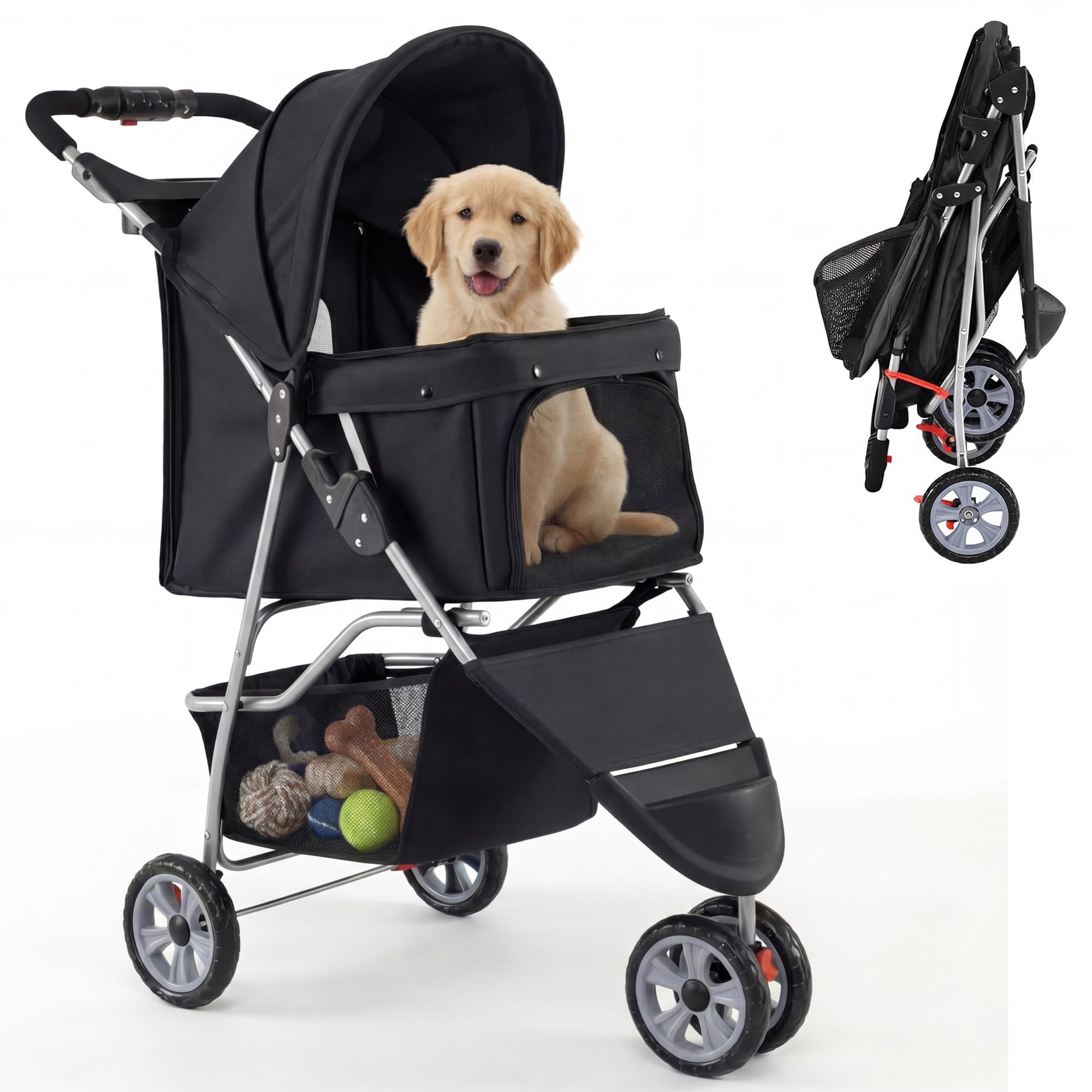 Giantex 3 Wheel Foldable Dog Stroller for Small Dogs Cats, Lightweight Pet Stroller with Lockable Wheels, One-Hand Quick Fold, Mesh Windows, Safety Leash & Storage Basket, Pet Travel Stroller (Black)