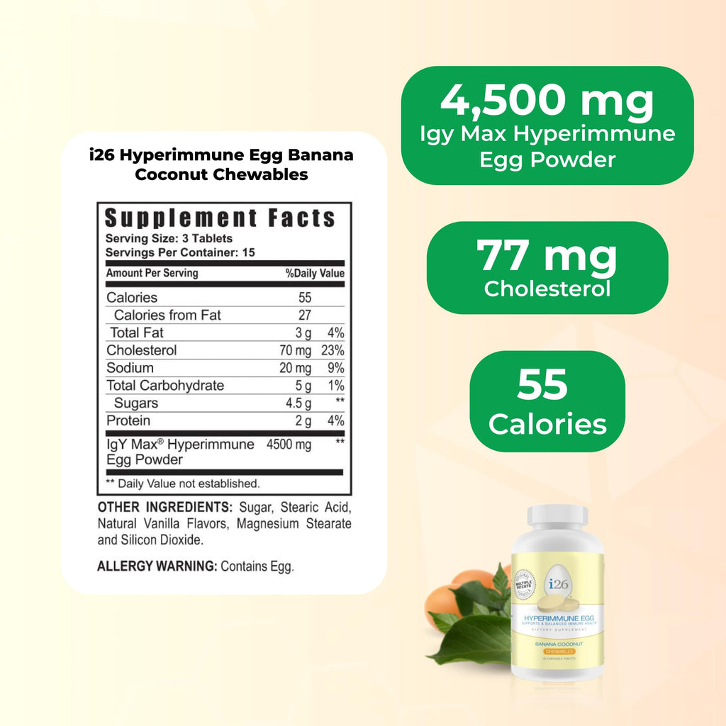 Youngevity i26 Hyperimmune Egg | IgY Max Banana Coconut Chewable | Patented Immune Powerhouse Formula | Flexibility, Gut, Immune Support Supplement | 45 Chewable Tablets