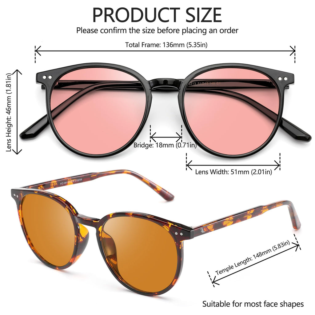 JFXQDR 2 Pack Indoor Fluorescent-41 Pink & Outdoor Fluorescent-60 Brown Round Tinted Blue Light Blocking Glasses for Migraine, Light Sensitivity, Photophobia & LED Gaming Computer Screen Glare RF6213