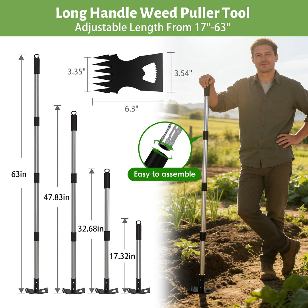 Coopvivi 2-in-1 Garden Hoe & Weed Puller Rake, 63" Adjustable Long Handle