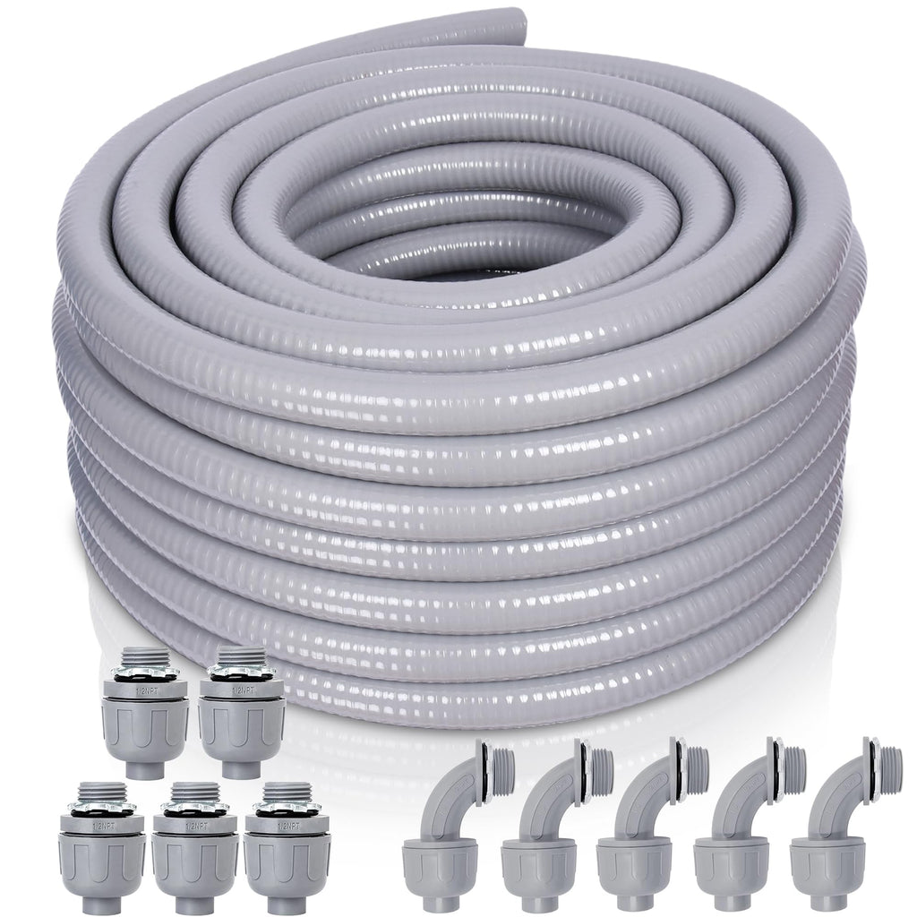 Feotech Liquid-Tight Conduit and Connector Kit - 3/4 Inch 50 FT Non Metallic Liquid Tight Electrical Conduit with 5 Straight and 5 Angle Fittings