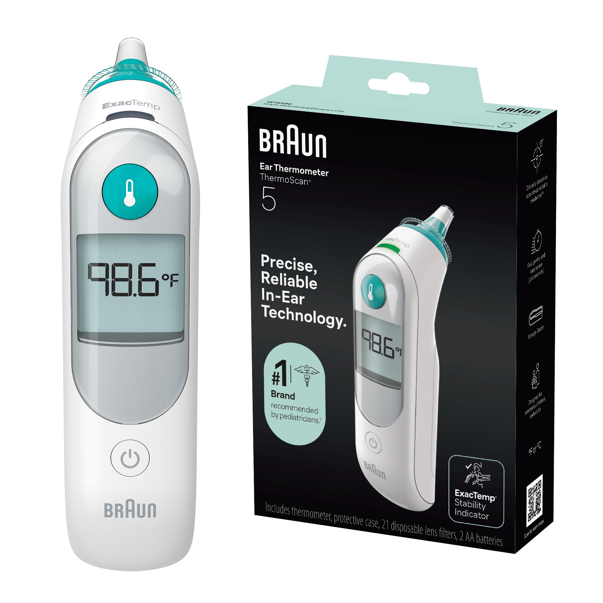 Braun ThermoScan 5 Ear Thermometer, Digital Display, Baby and Infant Thermometer with ExacTemp Stability Indicator for Professional Accuracy, Recommended by Pediatricians