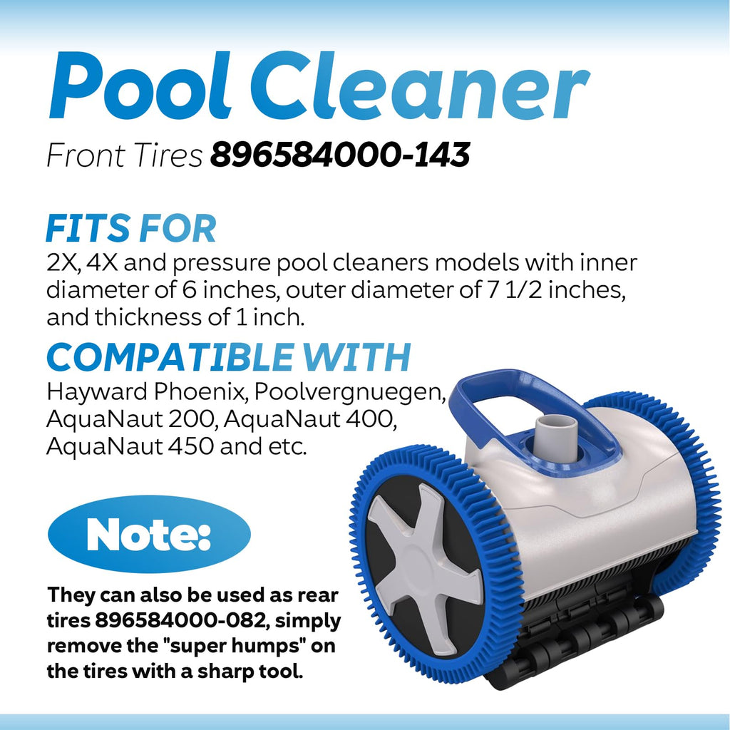 896584000-143 Blue Front Tire Kit with Super Hump Replacement Tires for Hayward Phoenix Poolvergnuegen AquaNaut 200, 400, 450 Pool Cleaner 2 Wheel and 4 Wheel (4 Pack)