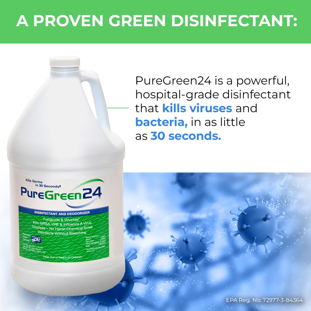 PureGreen24 Safe & Effective Disinfectant. Kills Deadly Germs including RSV COVID-19 Norovirus MRSA Staph 2026 flu Contains no toxic chemicals odorless child & pet safe 4 gallon bottles ready to use