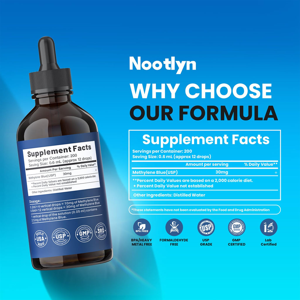 Methylene Blue Drops 5%, 99.99% Purity USP Pharmaceutical Grade Solution for Humans, No Formaldehyde & No Alcohol, 4.06 OZ FL