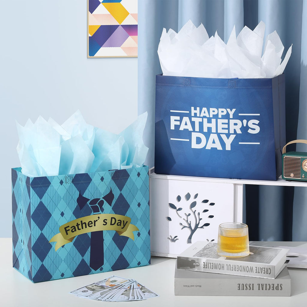 YANGTE 6 Pack 13" Fathers Day Gift Bags with Tissue Paper, Gift Bags Medium for Men Dad Father Grandpa, Happy Fathers Day Gift for Party Favor Supplies, 12.8"*10.2"*6.3"