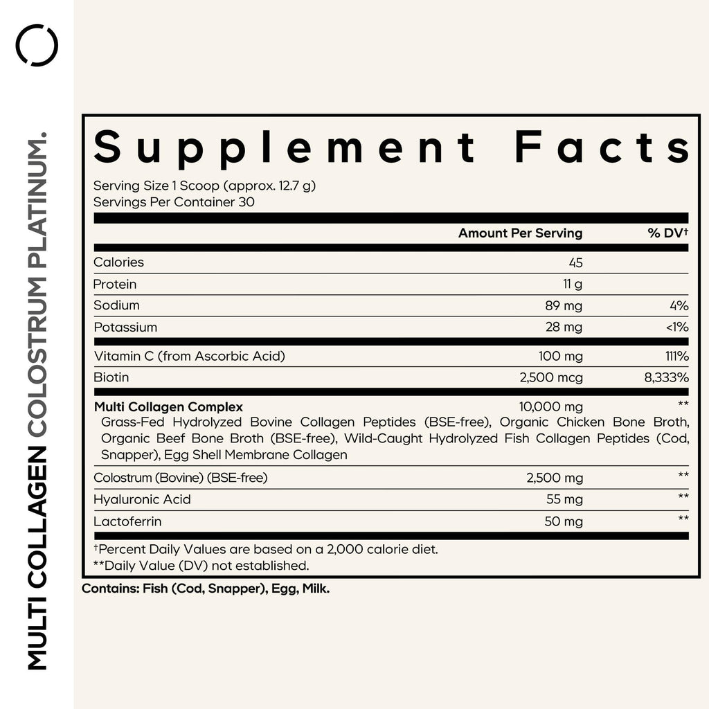 Codeage Multi Collagen Colostrum Powder Platinum - Hydrolyzed Grass-Fed Bovine Collagen Peptides, Grass-Fed Bovine Colostrum Supplement, Vitamin C, Biotin, Hyaluronic Acid, Lactoferrin - 13.4 Oz.