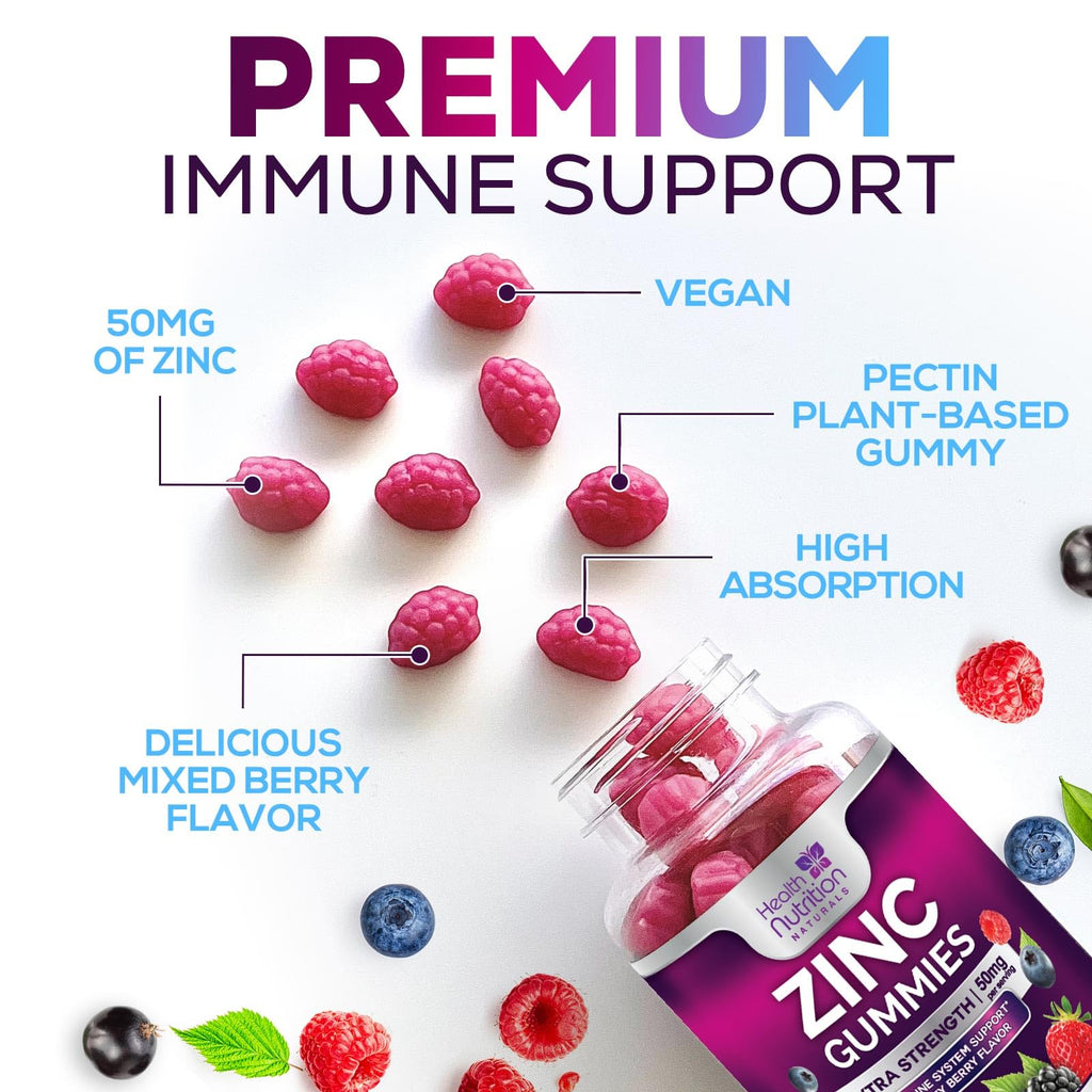 Zinc Gummies 50mg per Serving - Extra Strength Immune Support Antioxidant Gummy, Non-GMO & Gluten Free - Best Zinc Supplement for Skin Bone & Heart Health - Chewable Tasty Berry Flavor - 120 Gummies