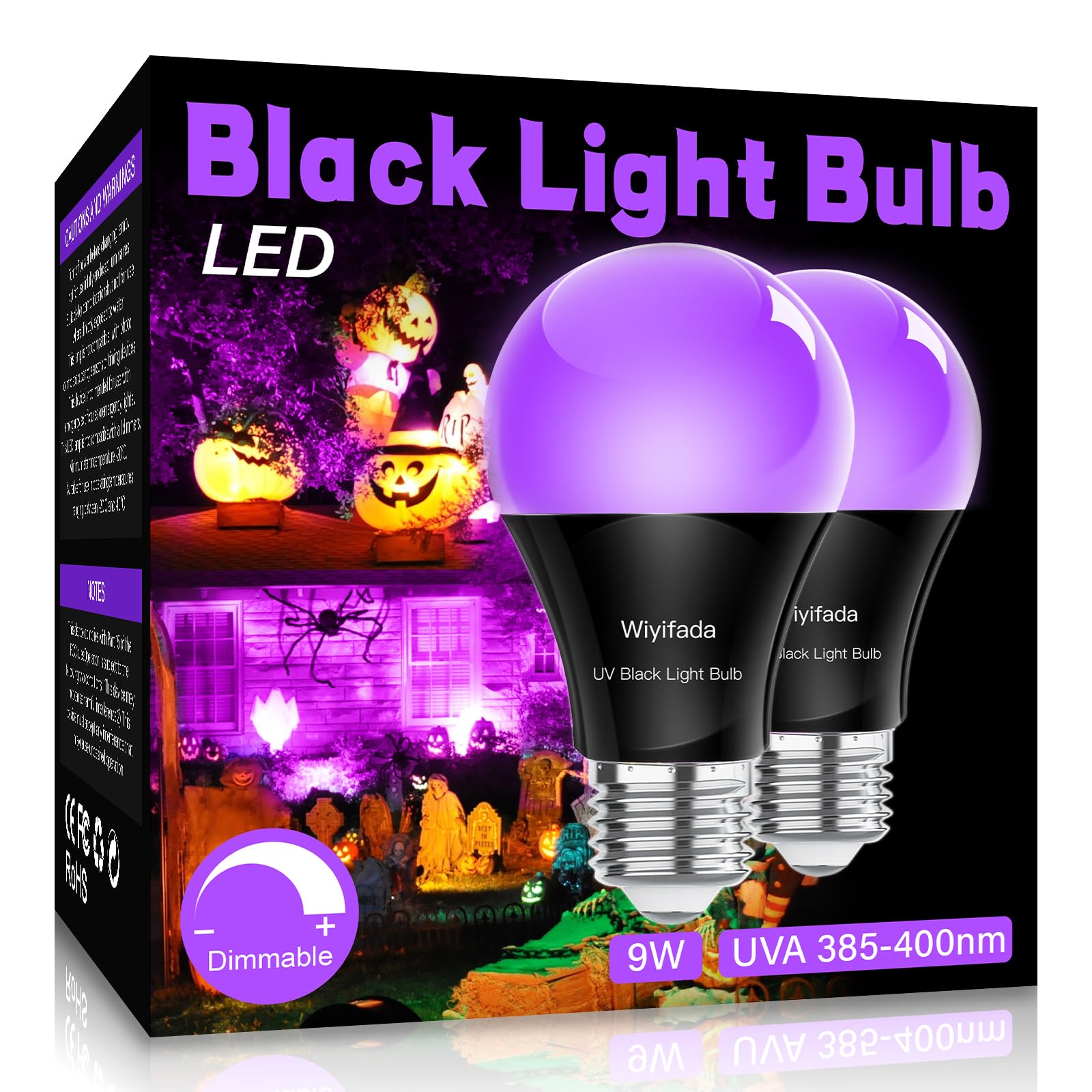 Wiyifada LED Black Light Bulbs 2 Pack, Dimmable A19 9W,UVA Level 385-400nm