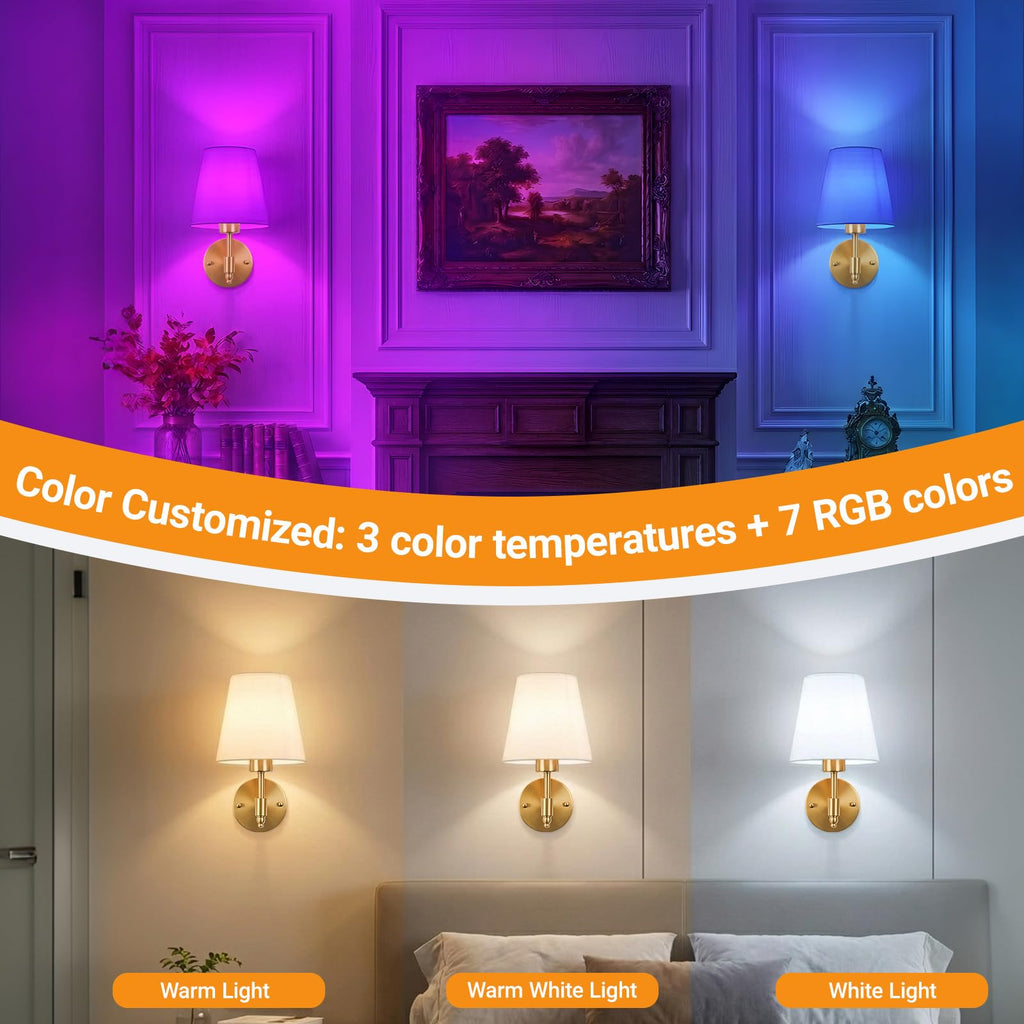 Nekhung Battery Operated Wall Sconces Set of Two, Wireless Battery Wall Light with 10000mAh RGB Dimmable Magnetic Bulb and Remote, Rechargeable Sconce Wall Decor for Bedroom Living Room Hallway