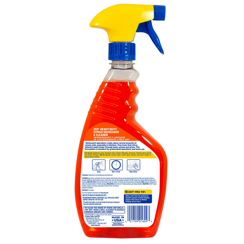 Zep Heavy-Duty Citrus Degreaser and Cleaner - 24 oz (Case of 12) ZUCIT24 - Restaurant Grade, Removes Oil, Grease, Adhesive, and Kitchen Soil on Stovetops, Appliances