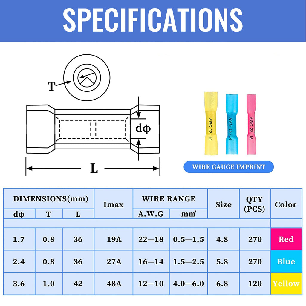 660 PCS Heat Shrink Butt Connectors Qibaok Crimp Electrical Wire Connector Waterproof Insulated Butt Splice Terminal for Automotive Marine Boat Truck Trailer Stereo