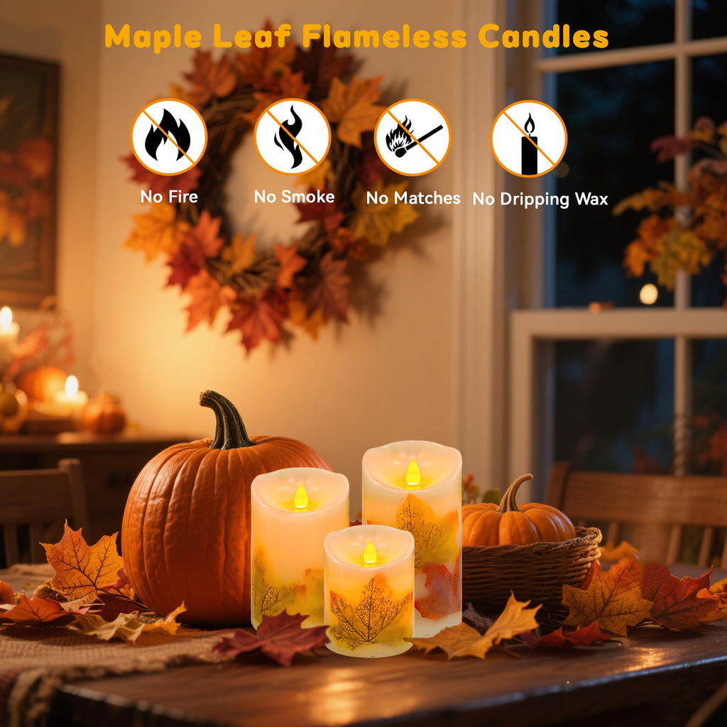 Maple Leaf Flameless Candles Set of 3, Fall Candles with Remote & Timer
