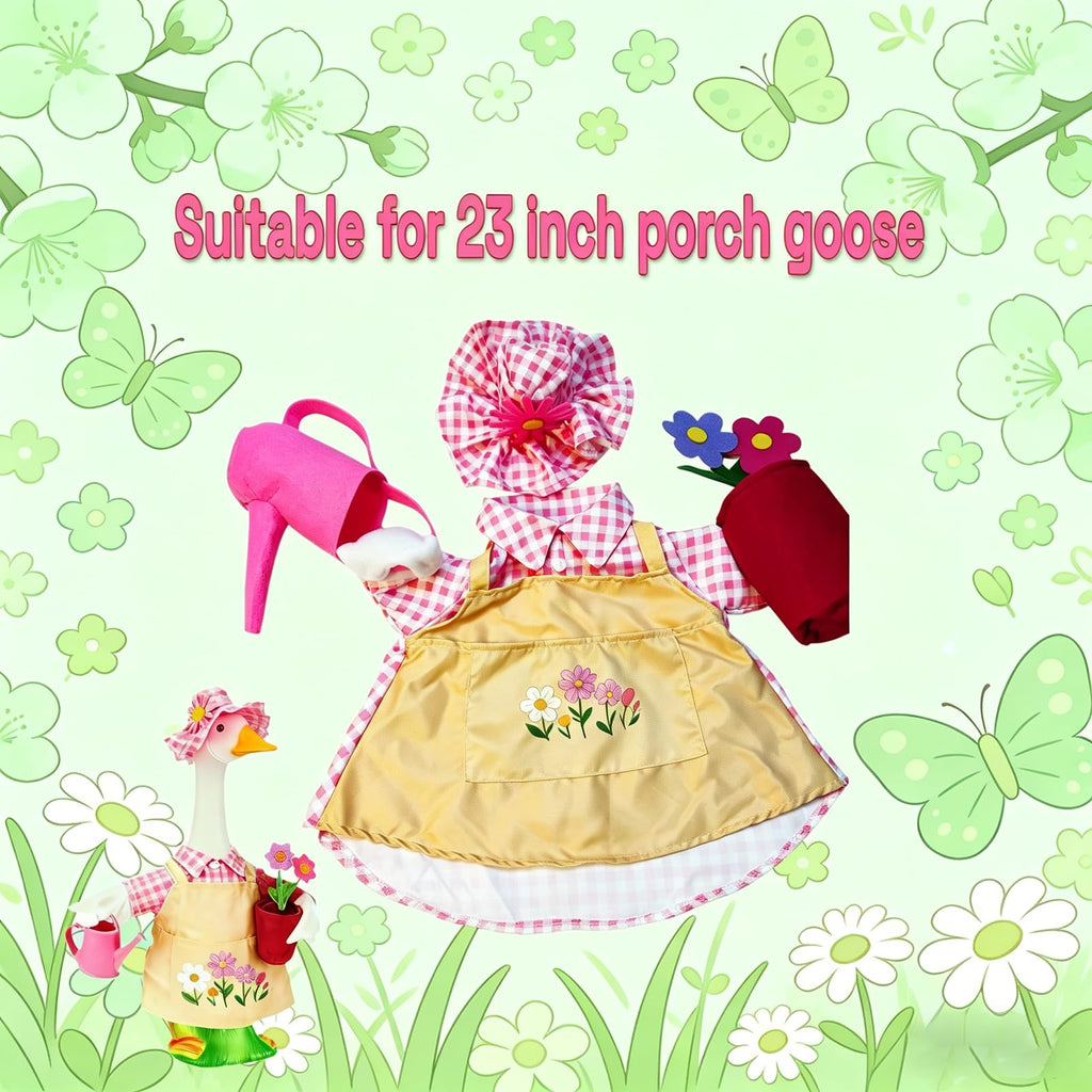 Jwqqwdza Gardener Porch Goose Outfit, 23 Inch Goose Clothes with Hat, Watering Can & Flower Pot, Lawn Geese Statue Costume for Spring Summer Garden Yard Decor (Pink Yellow, One Size)