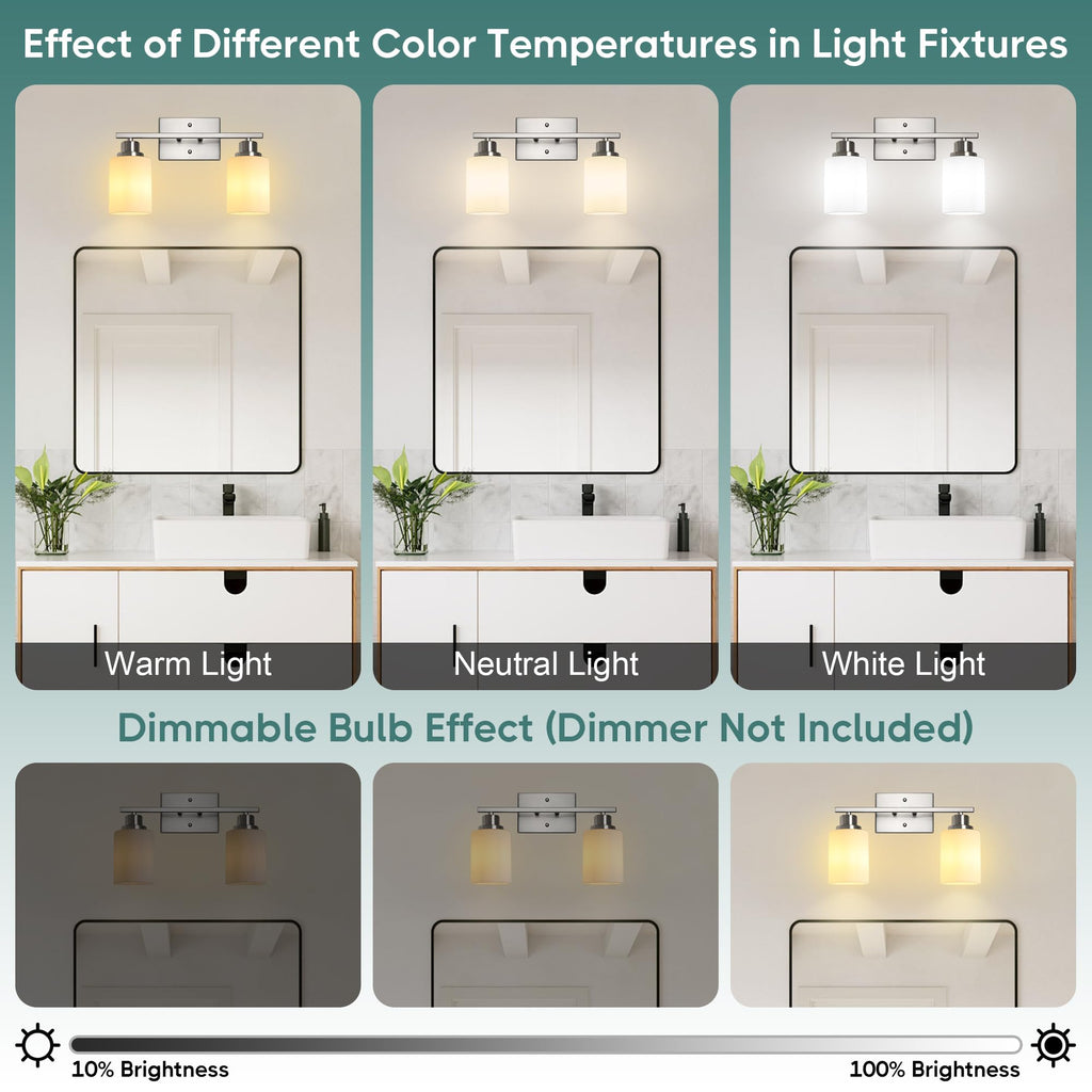 Ascher Bathroom Light Fixtures, 2-Light Vanity Light Over Mirror, Brushed Nickel Wall Sconces with Milky White Frosted Glass Shades, Wall Lamp for Living Room Bedroom, E26 Base(Bulbs Not Included)