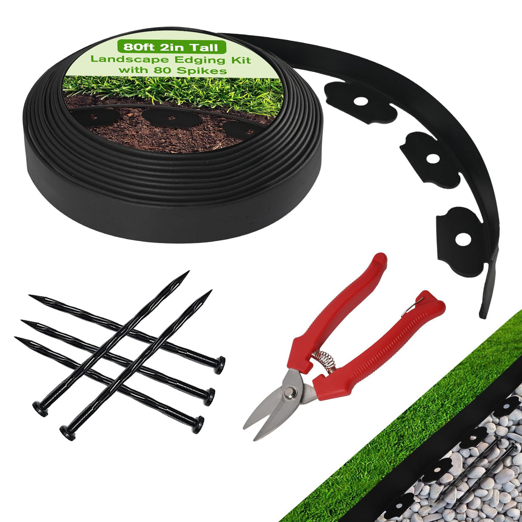 Landscape Edging Border Kit, No Dig Garden Edging Border 60ft 2in Tall with Scissors and 60 Spikes for Landscaping Border Edging Flower Bed Edging Borders