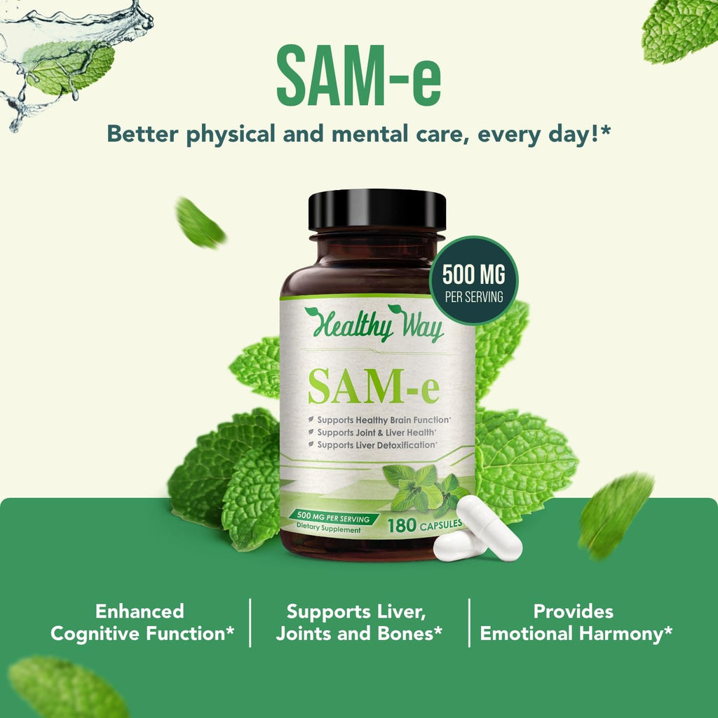 HealthyWayRx 500mg SAM-e Supplement - High Strength 500mg S-Adenosyl-L-Methionine Capsules for Brain Liver and Mood Support - Non-GMO High Absorption Same Supplement (180 Capsules)
