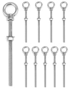 QWORK 3/8"x6" Stainless Steel Shoulder Eye Bolts – 10 Pack Machine Thread Set with Nuts for Metal Frame, Rigging & Cable Mounting
