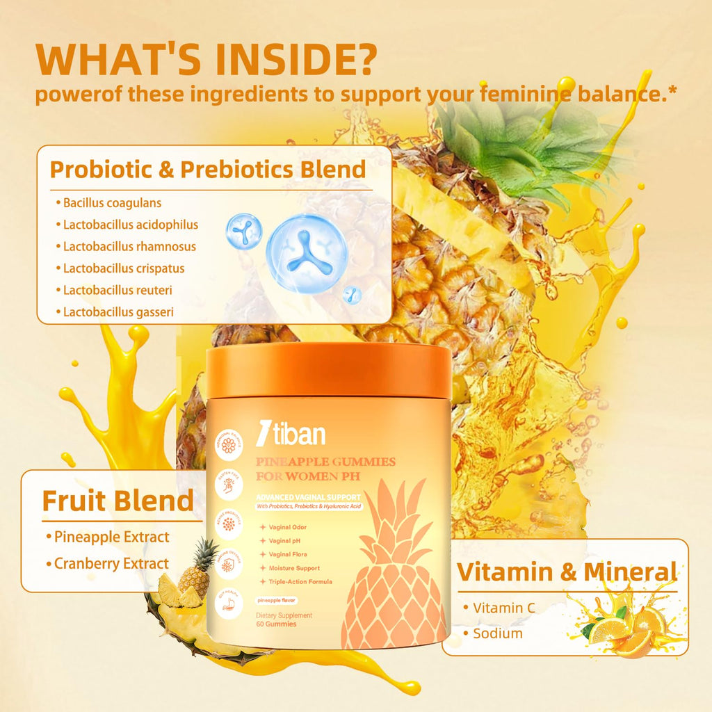 Itiban Pineapple Gummies for Women pH, Premium Feminine pH Balance Gummy, Vaginal Probiotics, Immune Support, Vegan, Gluten-Free, 60 Gummies 30 Servings