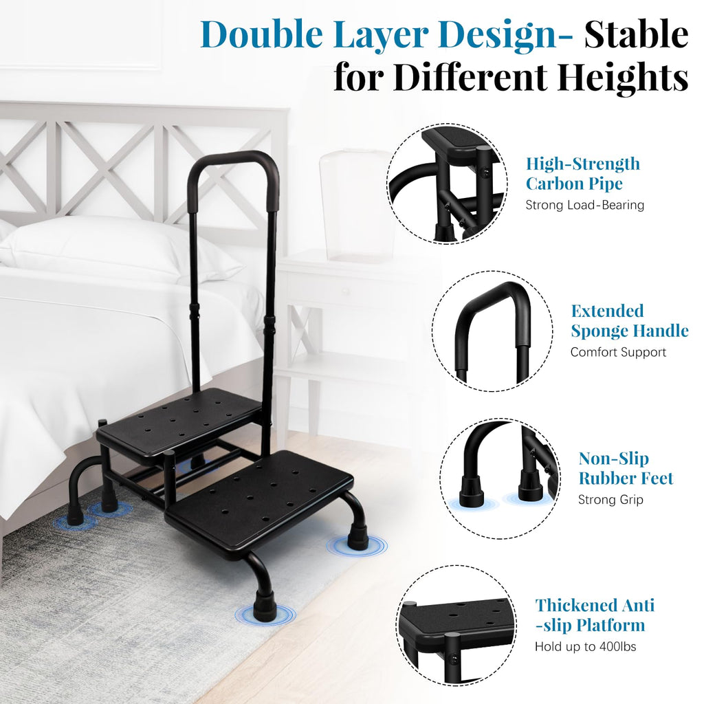 Gyykzz 2 Step Stool with Handle, Upgrade Heavy Duty Stepping Stool with 5 Legs, Step Stool for High Beds with Adjustable Handle and Non-Slip Platform for High Beds/Bathtub/Kitchen