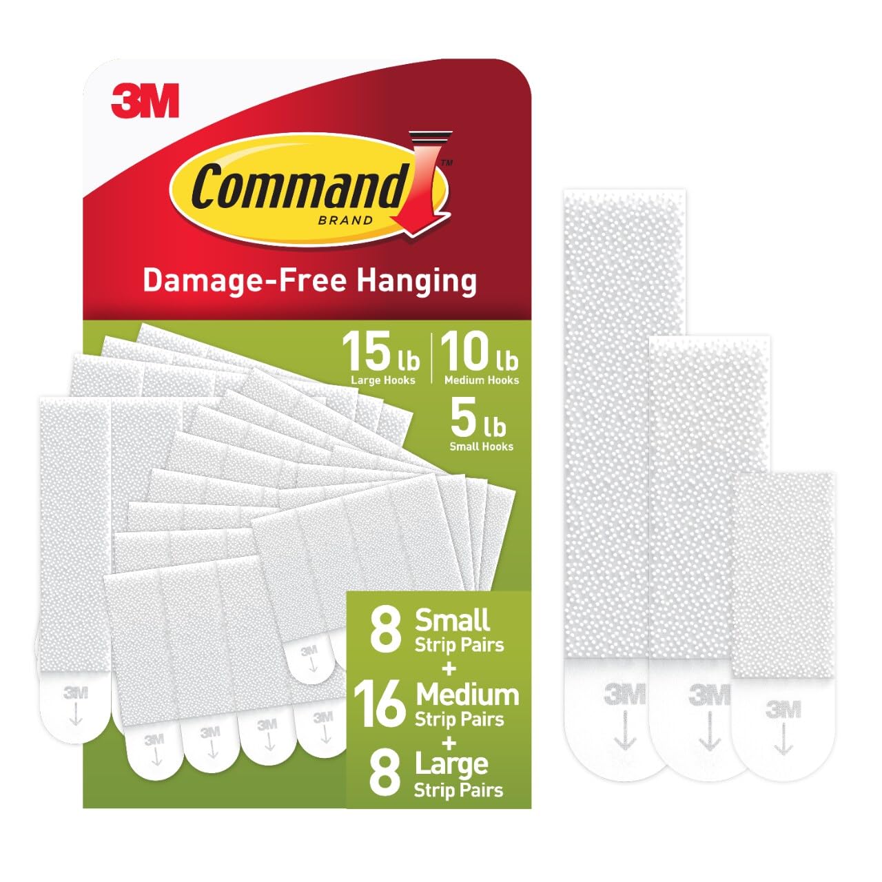 Command 15, 10, & 5 lb Large, Medium and Small 32 Pairs Picture Hanging Strips (64 Strips), Damage-Free Hangers for Picture Frames, No Tools Required, Great for Home Room Wall Decor, White Adhesive