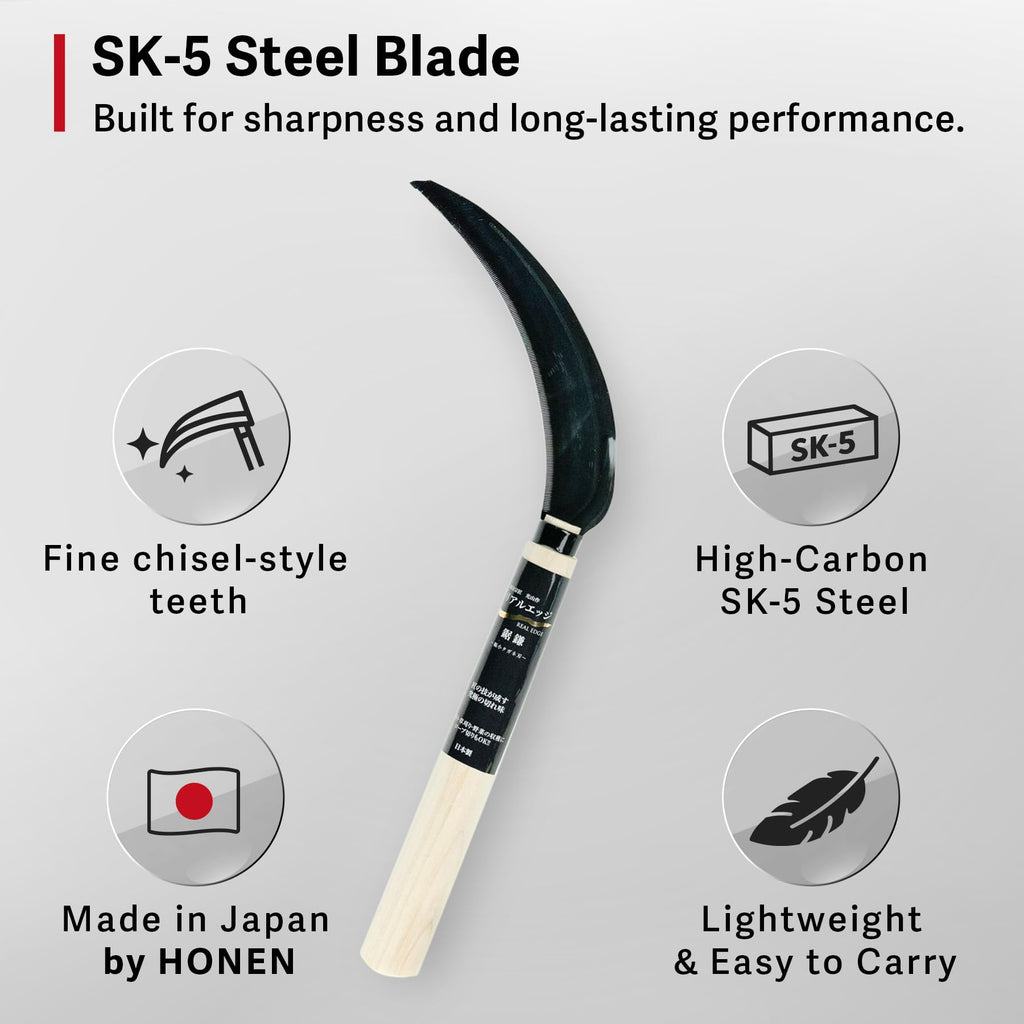 HOUNEN Japanese Harvest Sickle, 5.9-Inch Serrated SK-5 Steel Rice Knife