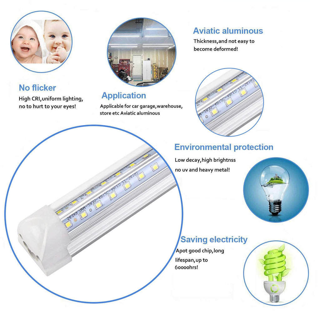 Henwsi 8FT LED Shop Light Fixture, White 10 Pack T8 Integrated Tube Lights, 72W 9500LM 6500K High Output Clear Cover, V Shape 270 Degree Lighting for Garage Warehouse, Upgraded Lights Plug and Play