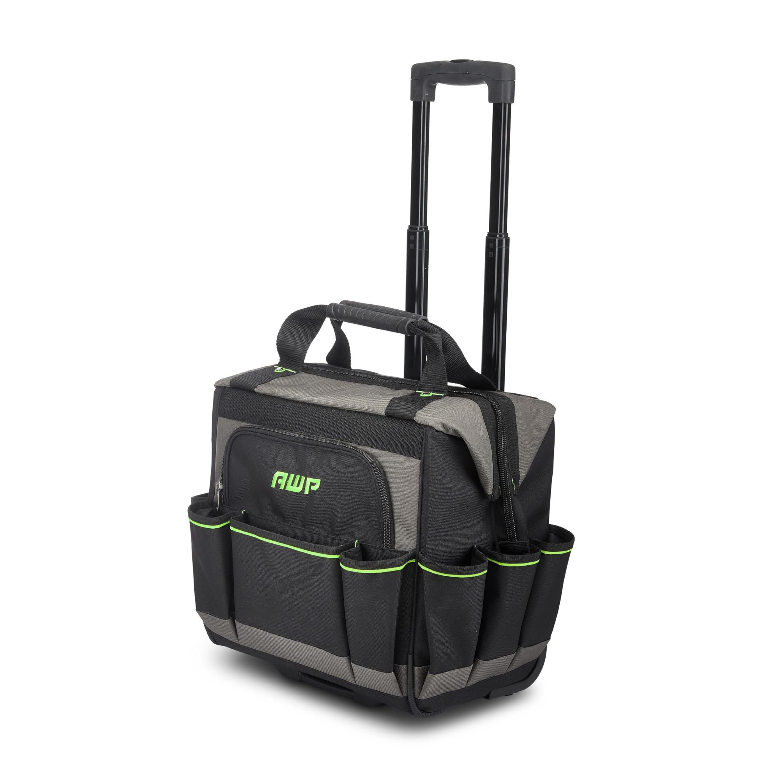 AWP Rolling Tool Bag Durable Tool Tote Water-Resistant Organizer for Professionals and Contractors, Adjustable Handle for Travel, Black | L-22814