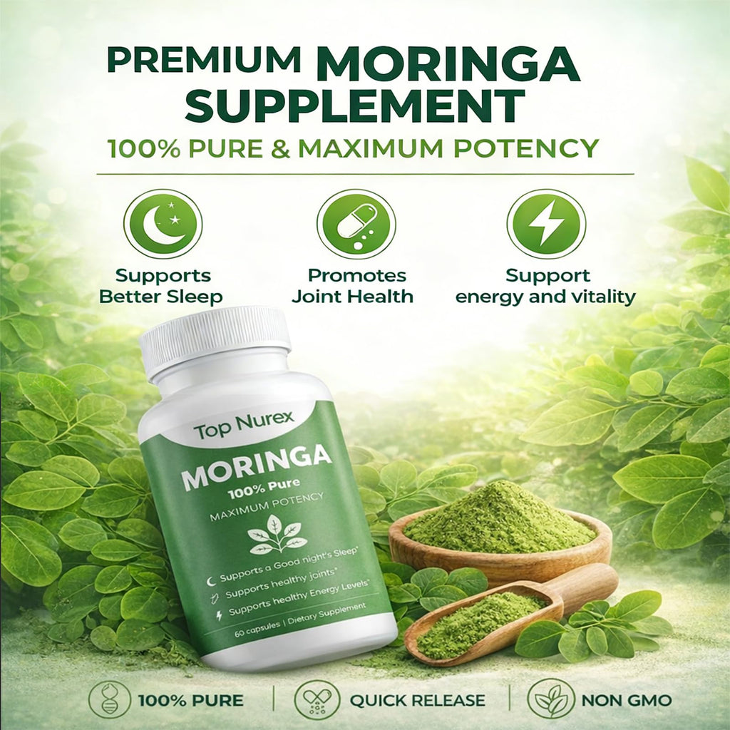 Top Nurex Moringa Capsules - Natural Green Superfood Supplement for Sustained Energy, Immune Support & Digestive Wellness - Non-GMO, Vegan, 60Ct