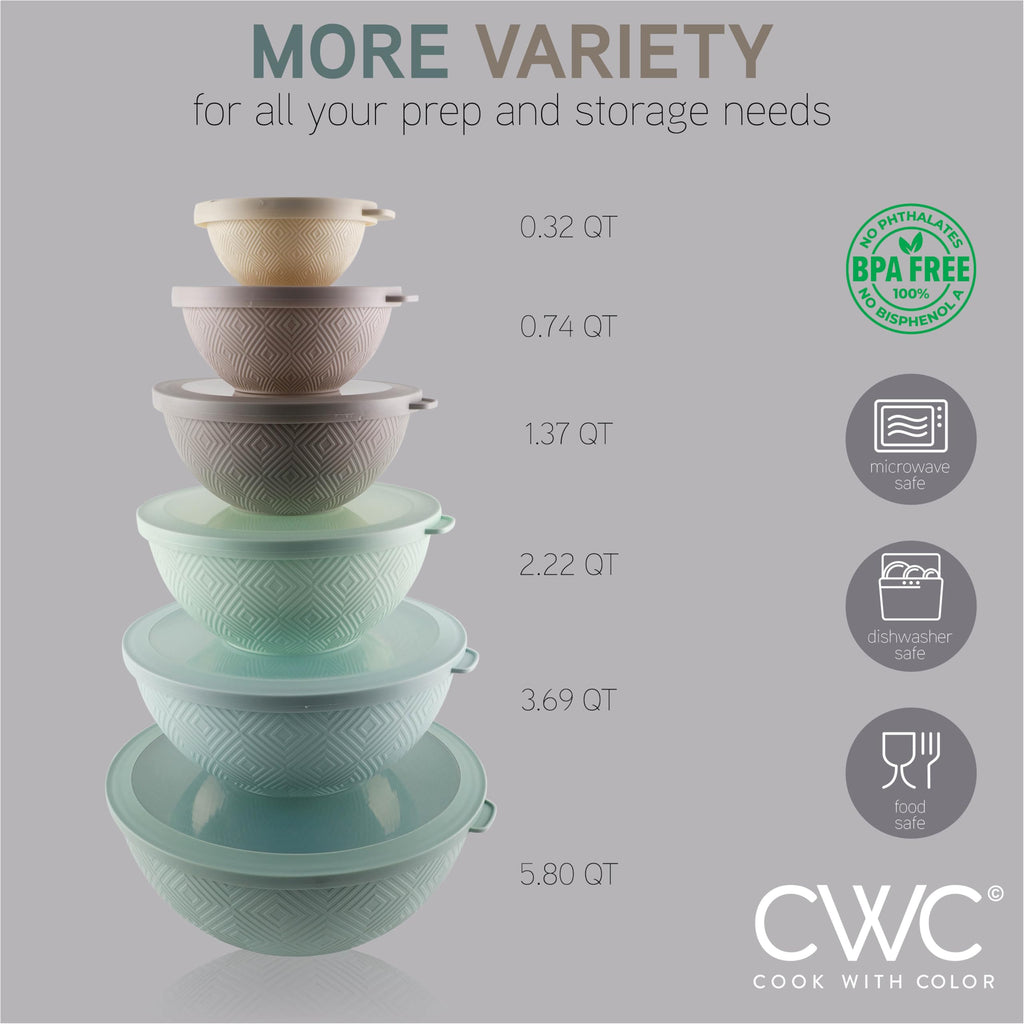 COOK WITH COLOR Mixing Bowls with Lids - 12 Piece Plastic Nesting Bowls Set includes 6 Prep Bowls and 6 Lids, Rhombus Design - Microwave Safe (Mint)