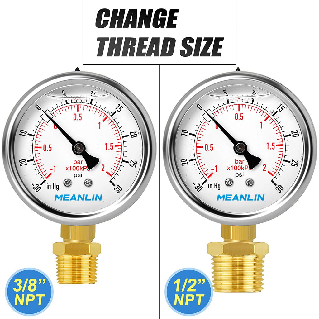 MEANLIN MEASURE -30inHG~30Psi Stainless Steel 1/4" NPT 2.5" FACE DIAL Vacuum Pressure Gauge, Lower Mount (Pack of 2), with 1/2" NPT and 3/8" NPT Hex Bushing
